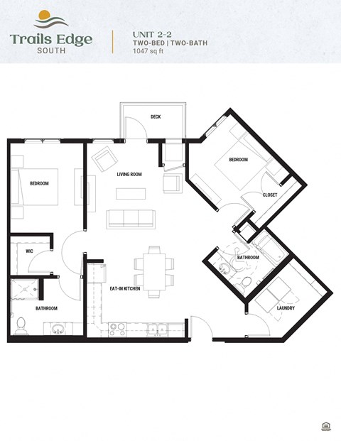 Floor plan for 2 beds, 2 baths, 1047 sqft
